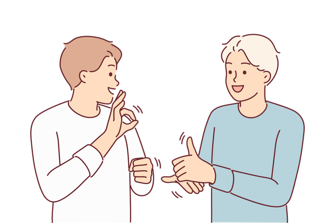 Hombre enseña lengua de signos a un amigo para poder comunicarse con personas con problemas auditivos  Ilustración