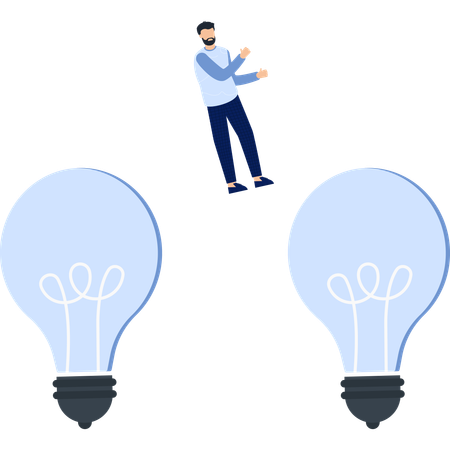 El hombre entre dos bombillas Innovación y pensamiento  Ilustración