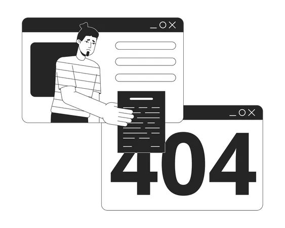 El hombre entrega el espacio en blanco para explorar la ventana error 404  Ilustración