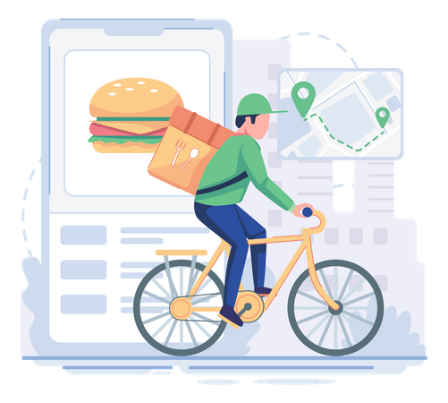 Hombre entregando comida en bicicleta  Ilustración