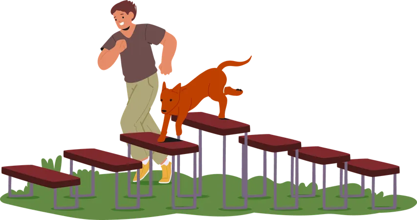 Hombre entrenando a un perro en una carrera de obstáculos al aire libre  Ilustración