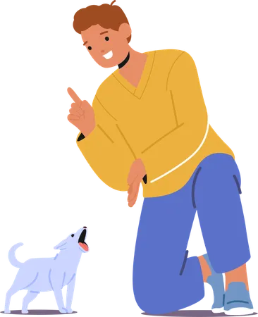 Hombre entrenando a un perro que ladra usando comandos  Illustration