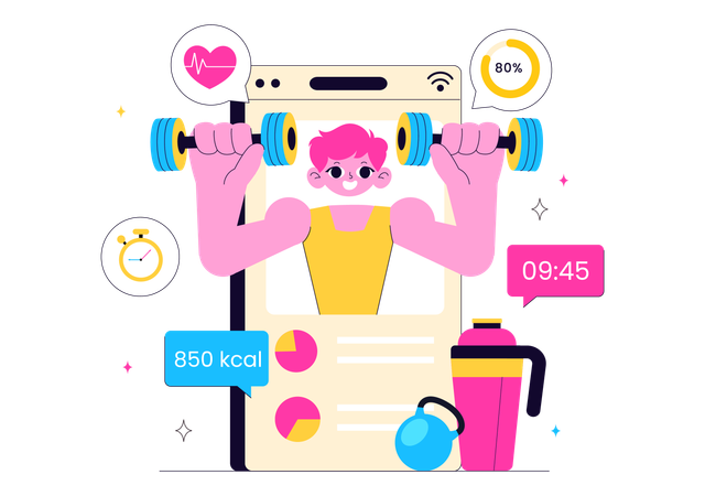 Hombre haciendo entrenamiento con mancuernas desde la aplicación Virtual Fitness  Ilustración