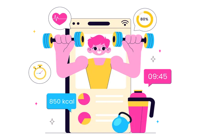 Hombre haciendo entrenamiento con mancuernas desde la aplicación Virtual Fitness  Ilustración
