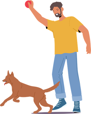 Hombre entrenando a un perro con una pelota durante  Illustration