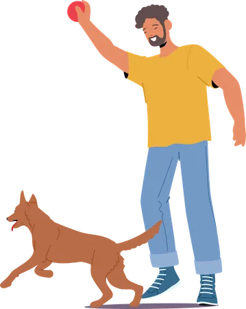 Hombre entrenando a un perro con una pelota durante  Illustration