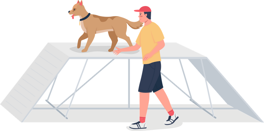 Hombre entrenando a un perro en una carrera de obstáculos  Ilustración