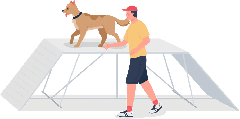 Hombre entrenando a un perro en una carrera de obstáculos  Ilustración