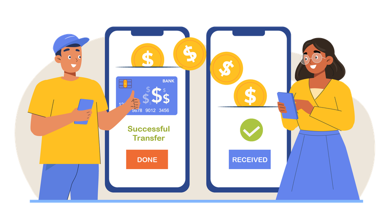 Hombre enviando dinero en línea usando el móvil  Ilustración
