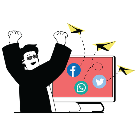 Hombre enviando mensajes de marketing en las redes sociales  Ilustración