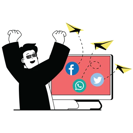 Hombre enviando mensajes de marketing en las redes sociales  Ilustración