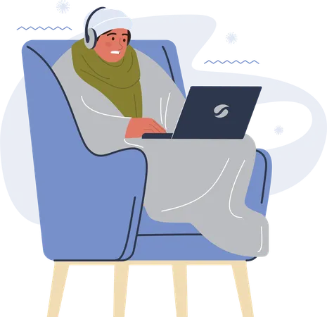 Hombre envuelto en una manta mientras ve una película en una computadora portátil en el frío  Ilustración