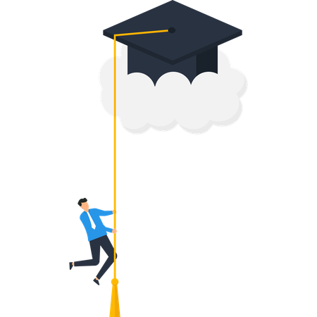 Hombre escalando la borla de graduación para alcanzar el birrete académico  Ilustración