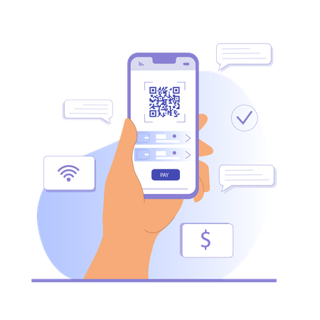 Hombre escanea código QR para pagar  Ilustración