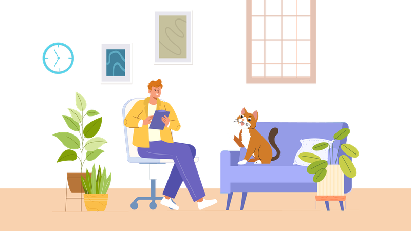 Hombre escribe nota con gato  Illustration