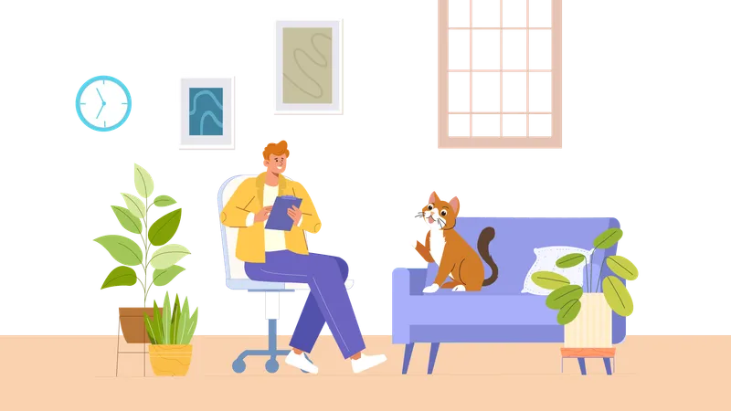 Hombre escribe nota con gato  Illustration