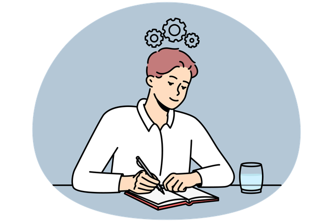 El hombre escribe en un cuaderno generando ideas.  Ilustración