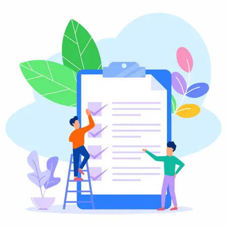Hombre escribiendo marca de verificación en la lista de verificación  Ilustración