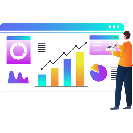 Hombre escribiendo sobre gráfico analítico desde página web  Ilustración