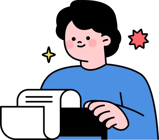 El hombre escribe en la máquina de escribir.  Ilustración