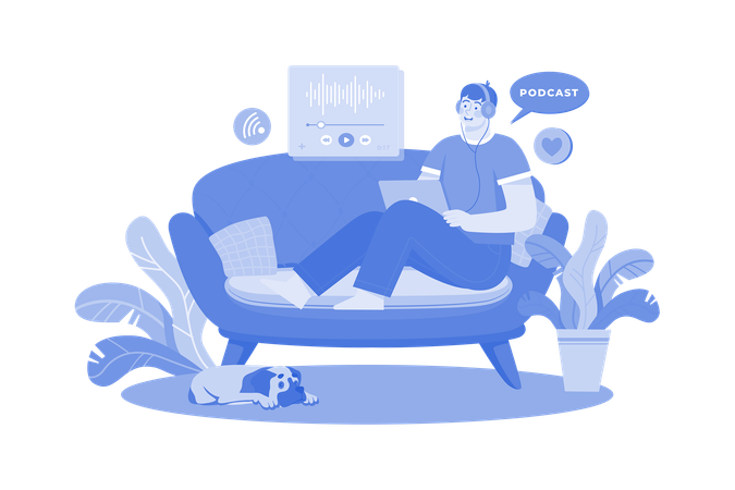 Hombre escuchando el podcast sentado en un sofá  Ilustración