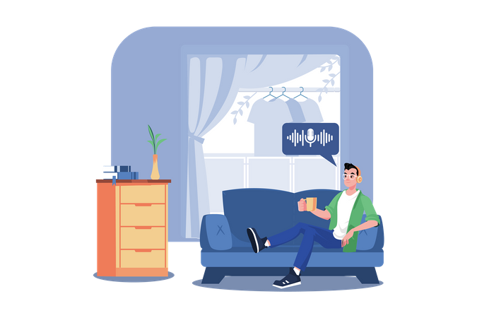 Hombre escuchando el podcast sentado en un sofá  Ilustración