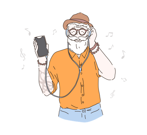 Hombre escuchando música en el móvil  Ilustración