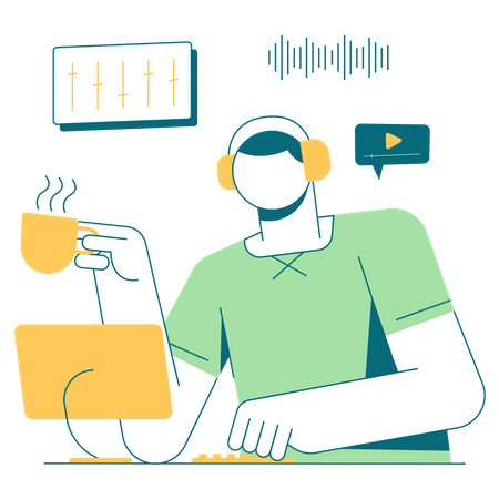 Hombre escuchando música mientras bebe café  Ilustración
