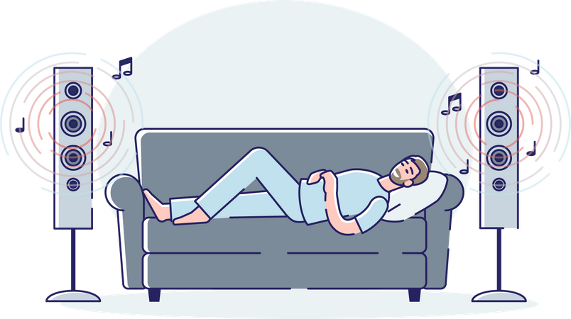 Hombre escuchando música mientras duerme en el sofá  Ilustración