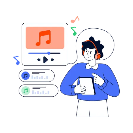 Hombre escuchando música en línea  Ilustración