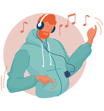 Hombre escuchando música con auriculares  Ilustración