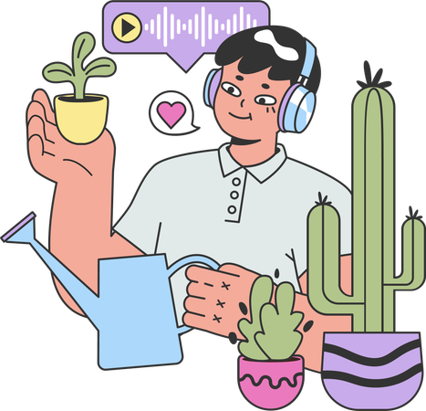 Hombre escuchando podcast mientras riega la planta  Ilustración