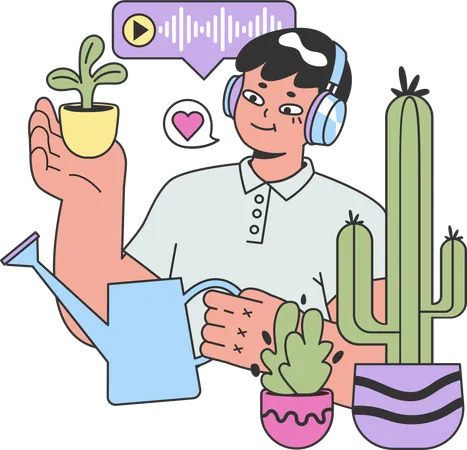 Hombre escuchando podcast mientras riega la planta  Ilustración