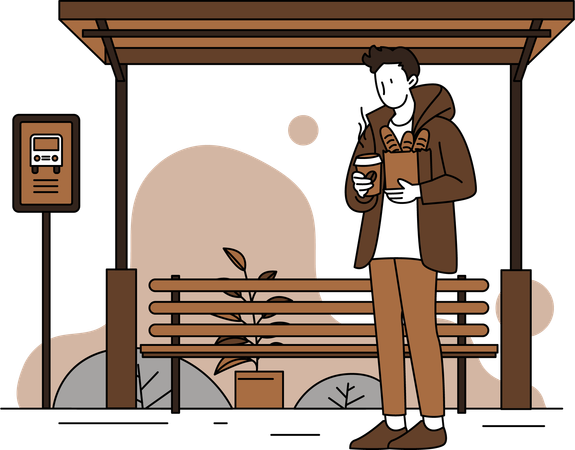 Hombre esperando en la parada de autobús mientras toma un café  Ilustración