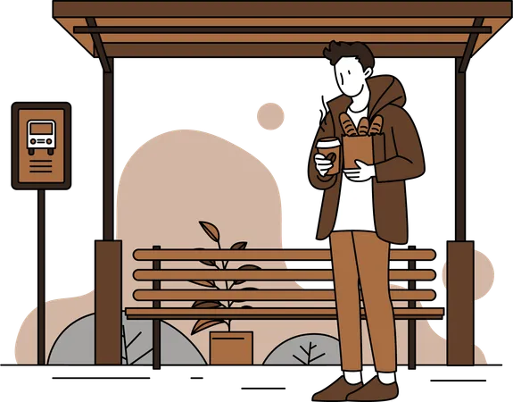 Hombre esperando en la parada de autobús mientras toma un café  Ilustración