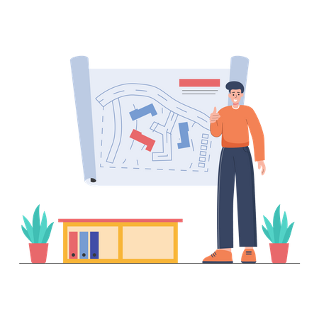 Hombre esperando la aprobación del mapa en la oficina  Ilustración