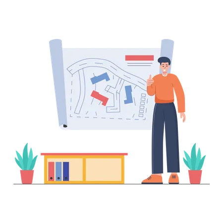 Hombre esperando la aprobación del mapa en la oficina  Ilustración