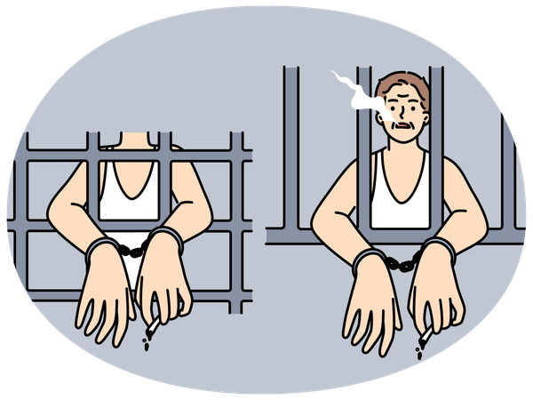 Hombre esposado en la cárcel fumando  Ilustración