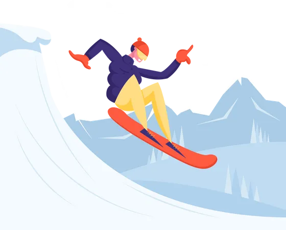 Vacaciones De Invierno Deportes Extremos Actividad Y Entretenimiento Joven Deportista Vestido Con Ropa De Invierno Y Gafas Haciendo Snowboard Y Haciendo Acrobacias En La Estacion De Esqui De Montana Ilustracion De Vector Plano De Dibujos Animados Ilustración