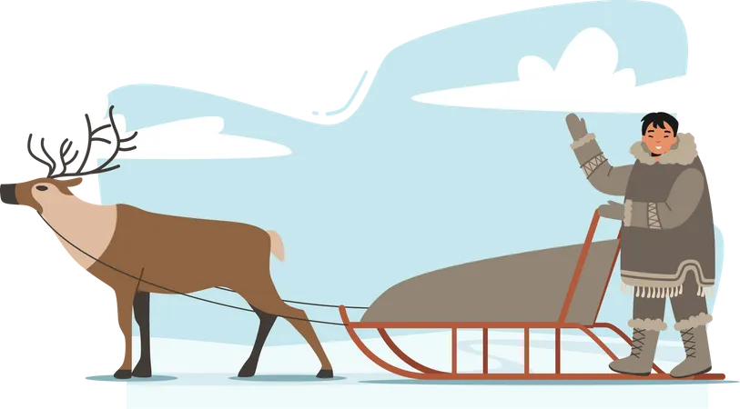 Hombre esquimal montando trineo de renos  Ilustración