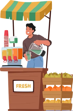 El hombre vende jugos de frutas en el mercado.  Ilustración