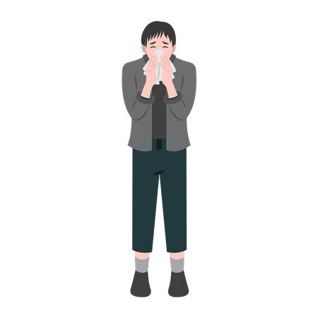 Hombre estornudando con secreción nasal  Ilustración