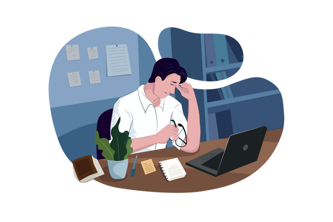 Hombre estresado con laptop en la oficina  Ilustración