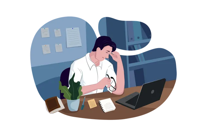 Hombre estresado con laptop en la oficina  Ilustración
