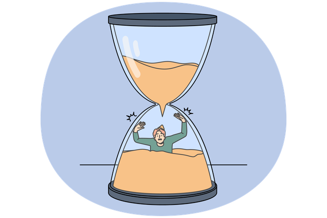 Hombre estresado hundiéndose en un reloj de arena y perdiendo el tiempo  Ilustración