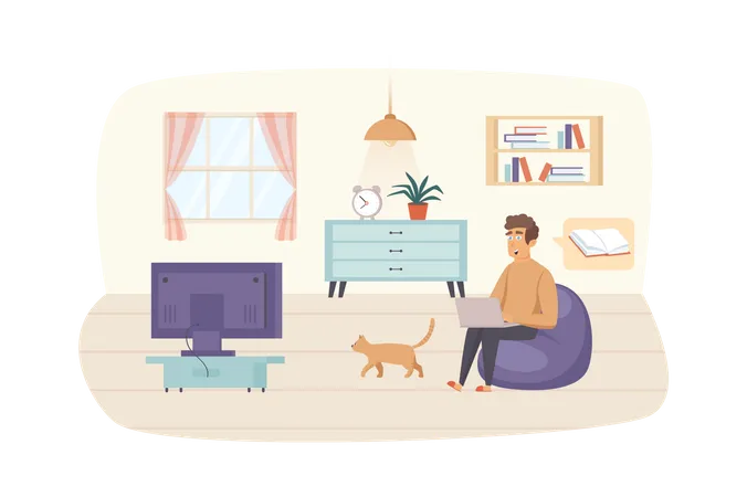 Hombre estudiando usando una computadora portátil sentado en una silla con un gato en la sala de estar  Ilustración