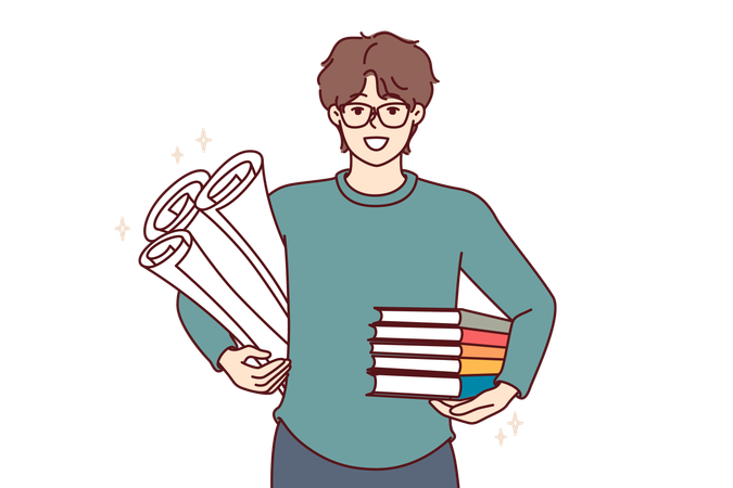 Hombre estudiante con libros de texto y artículos para crear dibujos de ingeniería.  Ilustración