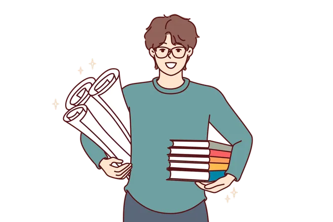 Hombre estudiante con libros de texto y artículos para crear dibujos de ingeniería.  Ilustración