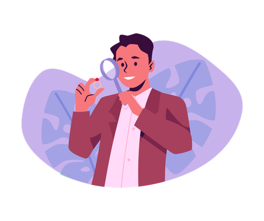 Hombre evaluando joyas bajo una lupa  Ilustración