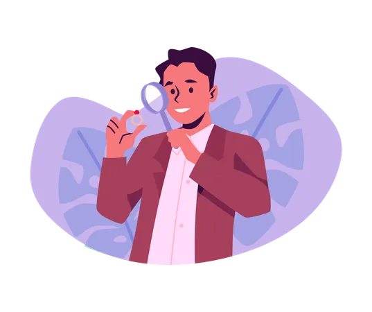 Hombre evaluando joyas bajo una lupa  Ilustración